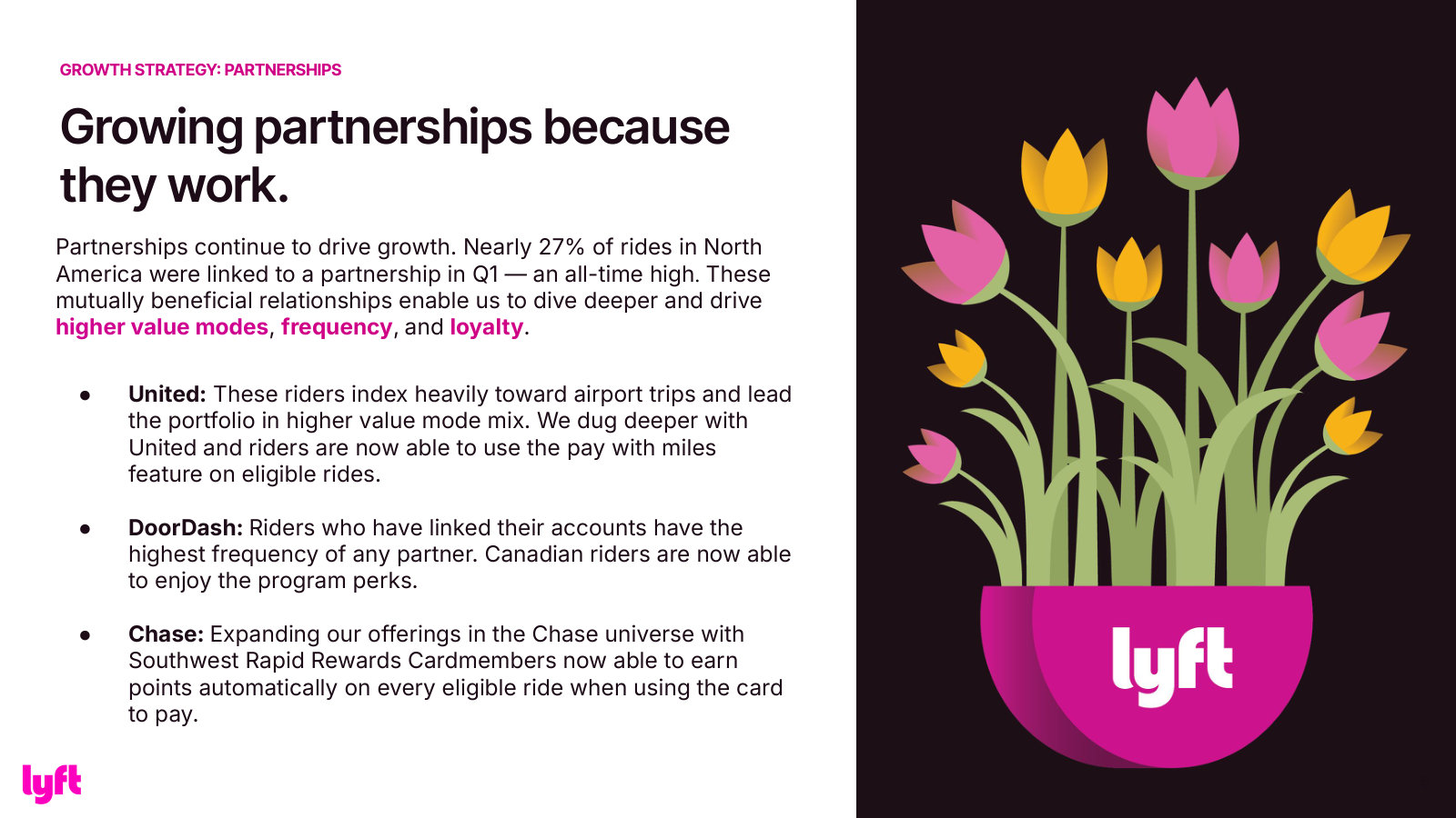 Growth strategy, partnerships: how United, DoorDash and Chase tie-ins drive rider frequency and loyalty — ~27% of NA rides now partnership-linked.